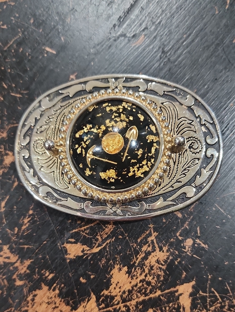 Vintage Gold Miner Belt Buckle – Gold Flake Resin Nugget, Pick & Shovel Western